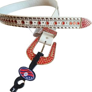West Star Texas Studded Rhinestone White Red Western Cowboy Belt NWT